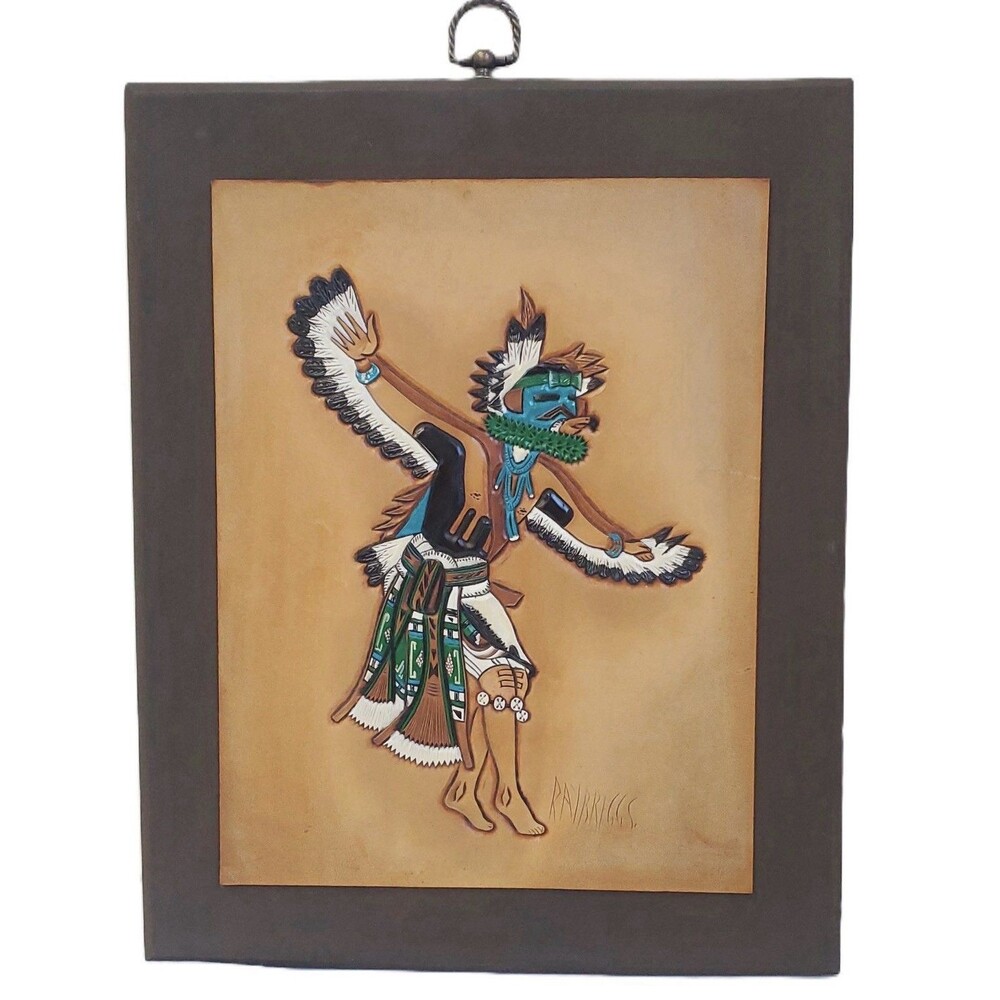 VTG Ray Briggs Signed Native American Kachina Painted Leather Wall Art 13.75"